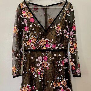 Black Floral Sequins Dress With Velvet Trim